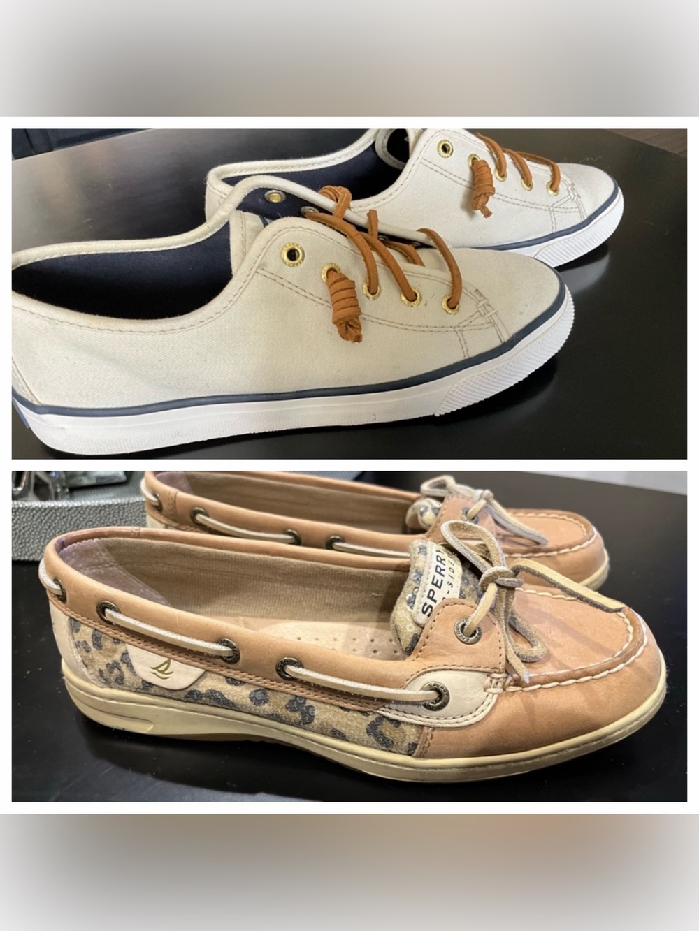 Sperry womens Canvas Boat Shoes - White with Tan Laces (Size 7½) and leopard